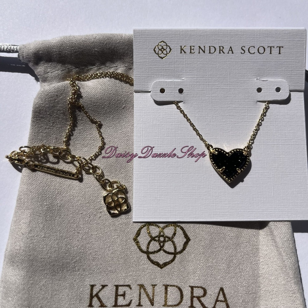 ✨🖤New‎ Kendra Scott Ari Heart Black Drusy Pendant Necklace Gold Plated 🖤✨